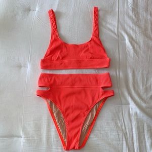 UO x Out From Under Neon Coral Meg Ribbed Bikini Set